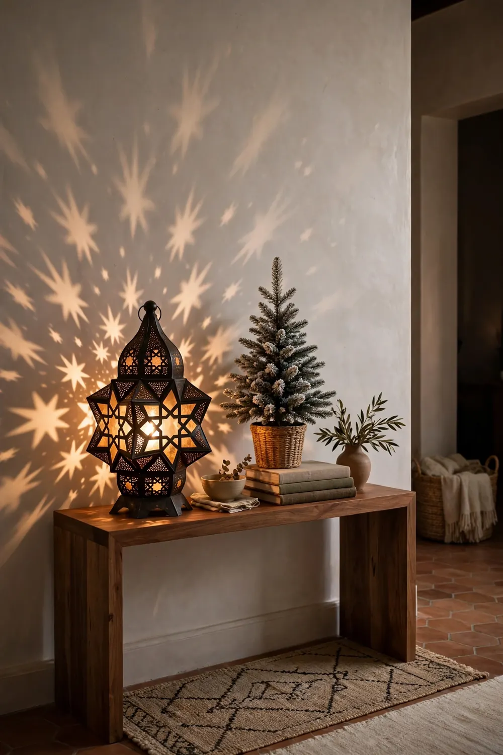 Pierced Star Lantern Entryway Moroccan-style pierced metal star lantern glowing on an entryway console table — star motif Christmas decor