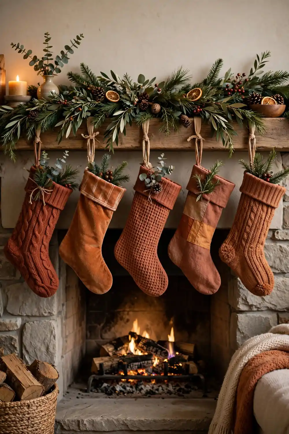 Mismatched Christmas stockings hung with ribbon on mantel