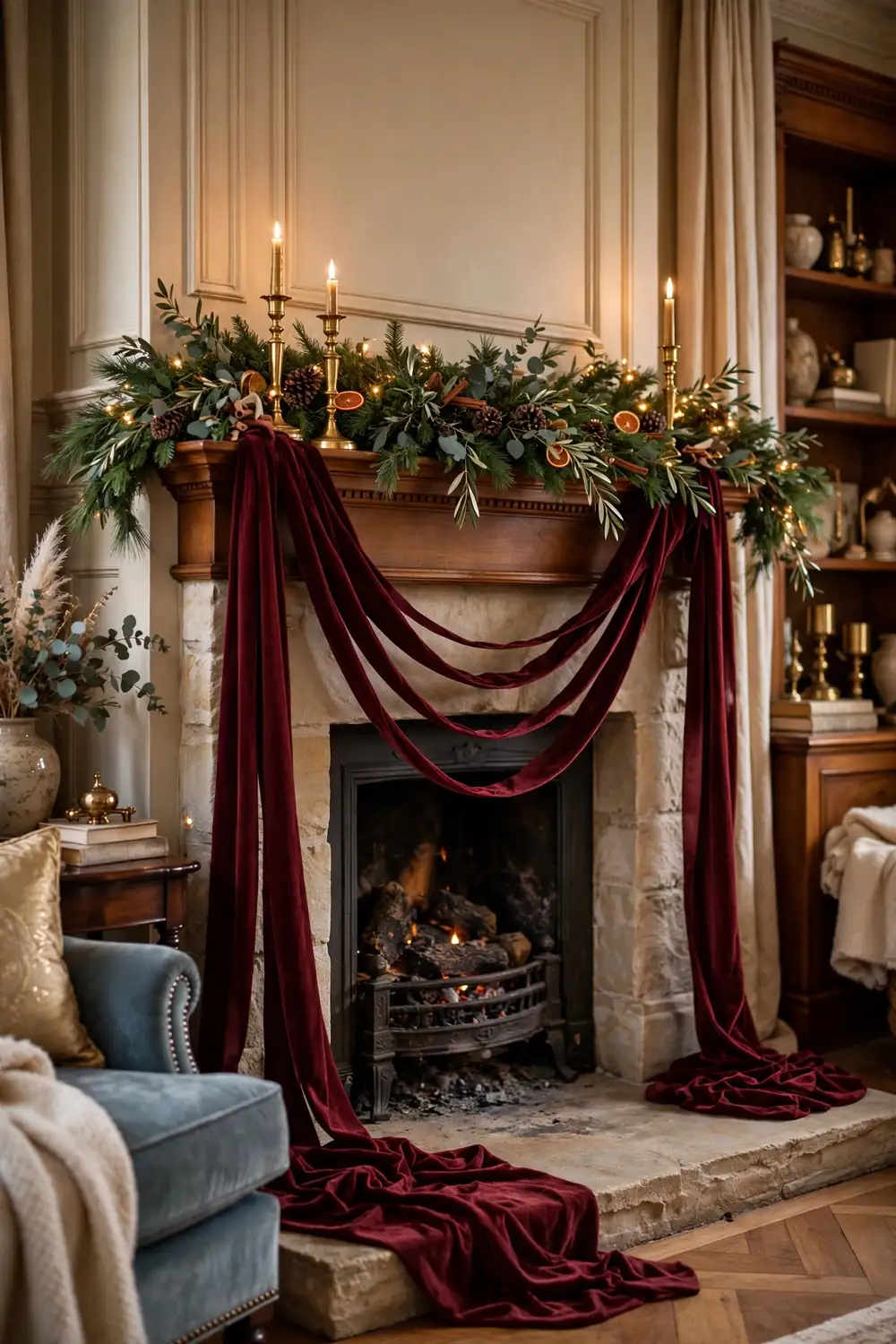 Christmas mantel decor idea with a velvet ribbon cascade Velvet ribbon cascade in deep burgundy, a luxurious christmas mantel decor idea