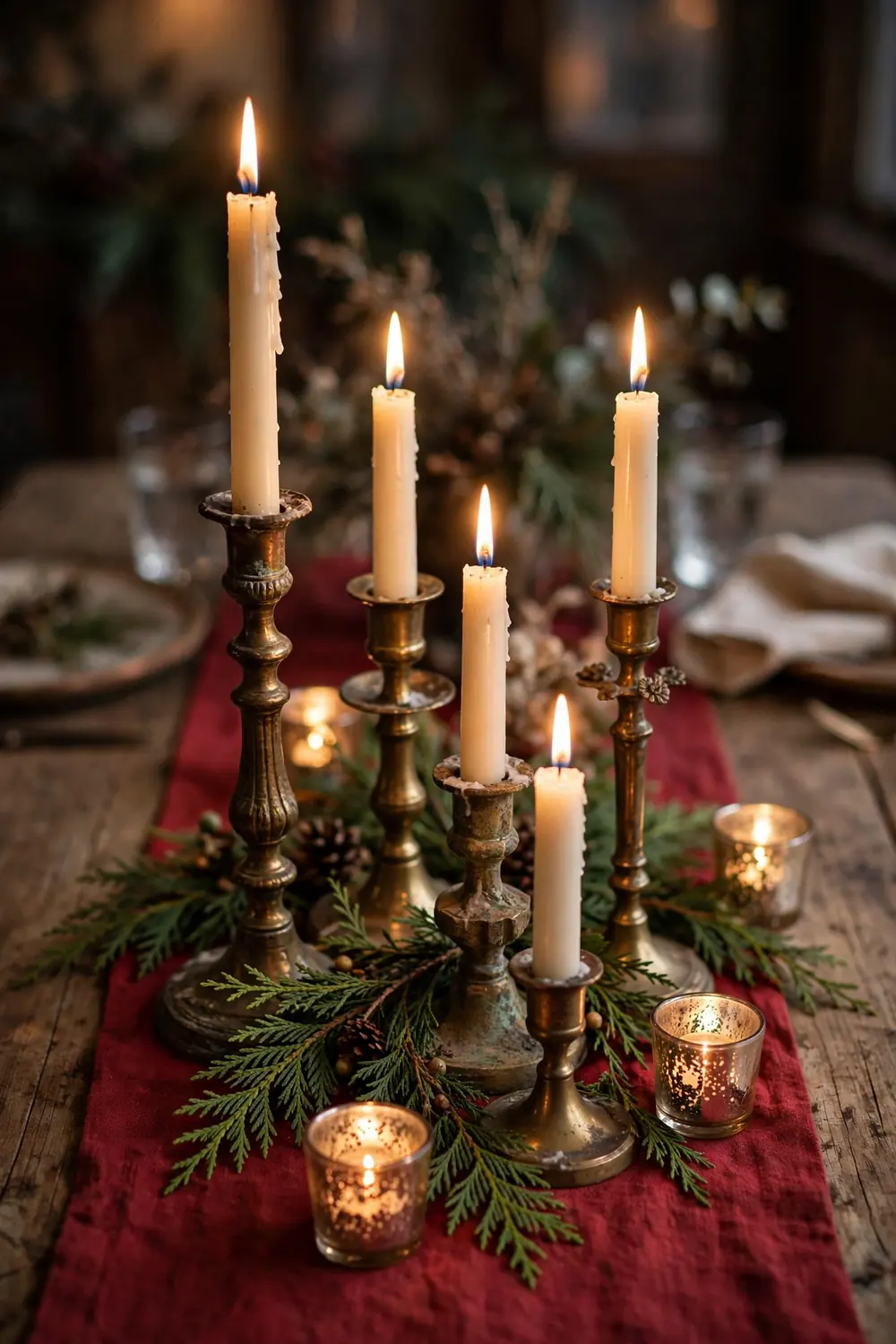 Vintage brass candlesticks down the table Vintage brass candlesticks with taper candles and cedar sprigs on a holiday table, an elegant vintage christmas decor idea