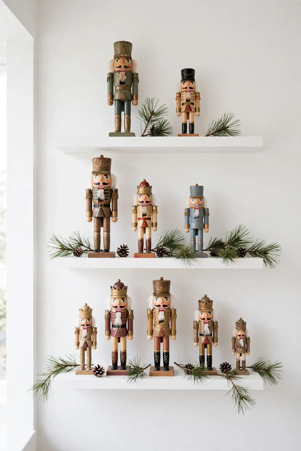 Vintage Nutcracker Shelf Display Vintage nutcracker collection displayed on floating shelves