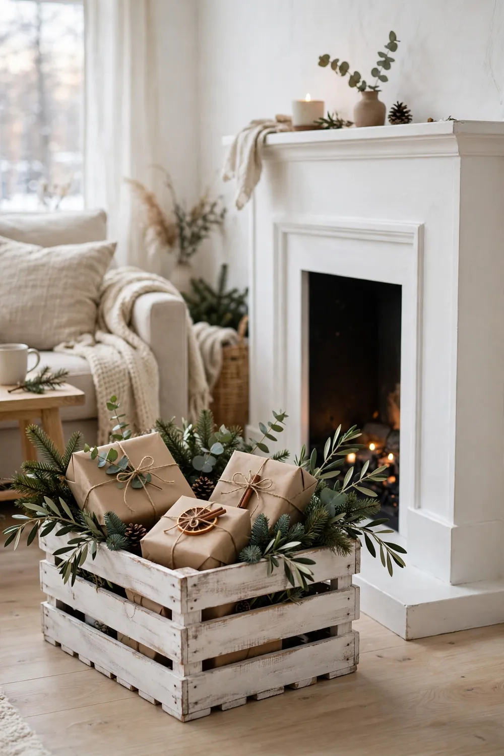 Whitewashed wooden crate styled for Christmas Whitewashed wooden crate holding wrapped gifts and greenery beside a fireplace