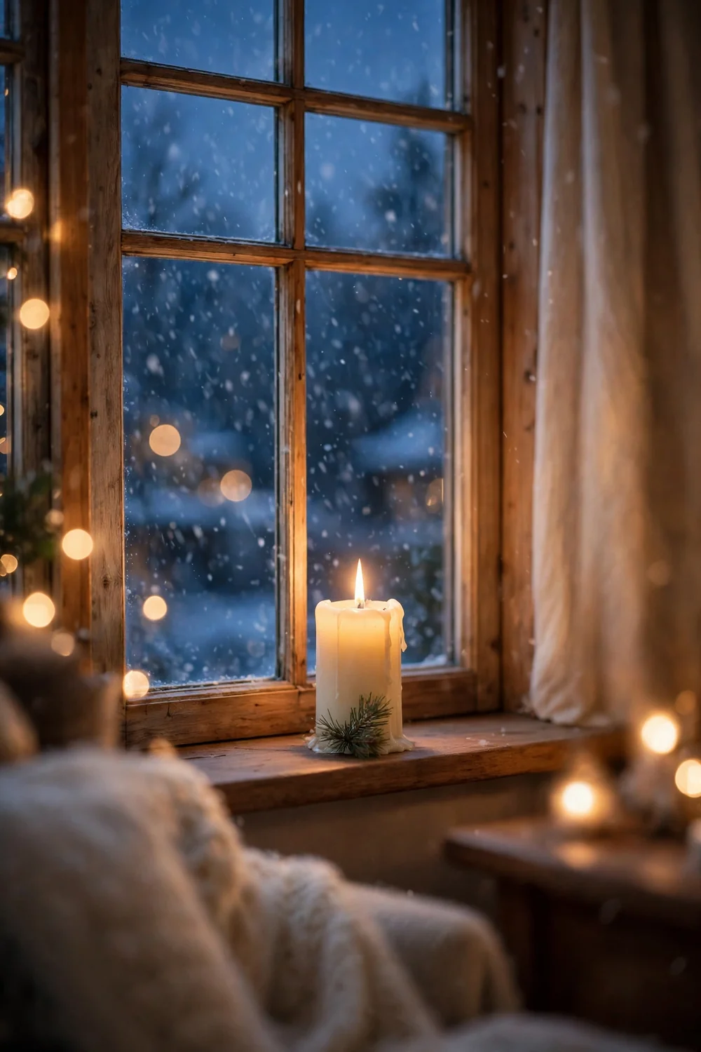 Glowing window candles on sills at dusk, a timeless christmas candle decor idea for curb appeal