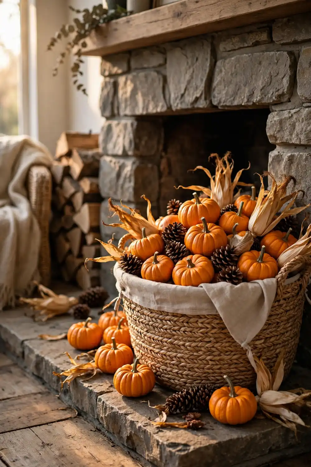 Woven Basket of Pumpkins by the Hearth Woven basket of mini pumpkins and pinecones beside a fireplace hearth, a rustic thanksgiving living room decor idea