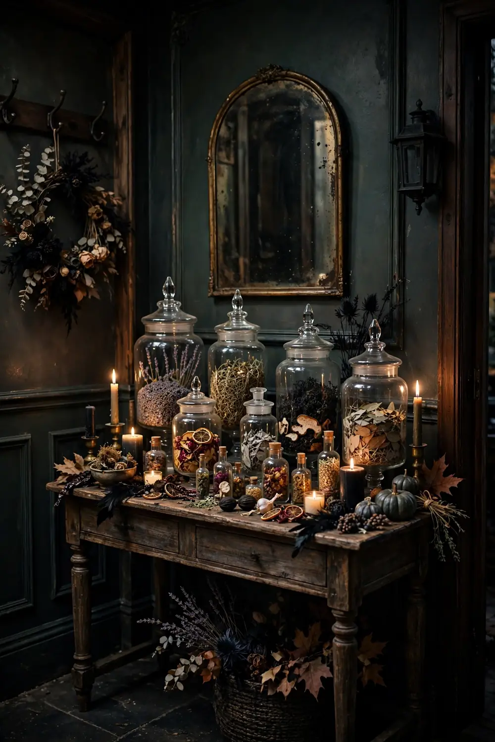 Apothecary jar console display for halloween entryway decor ideas