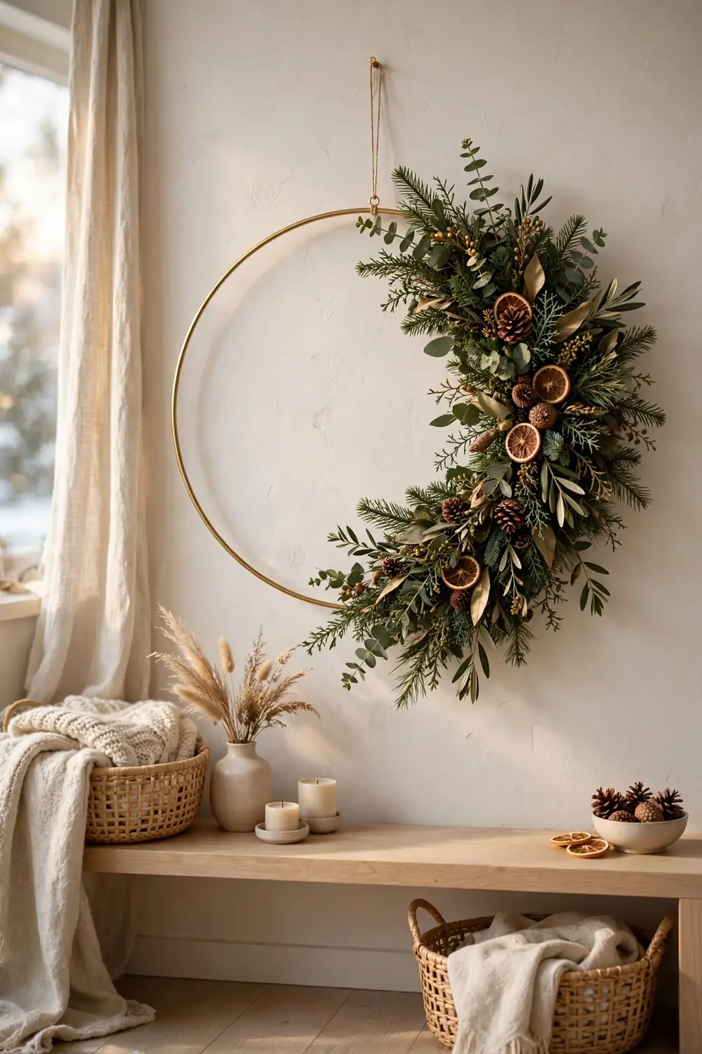 Asymmetric modern christmas wreath ideas with greenery on a brass hoop