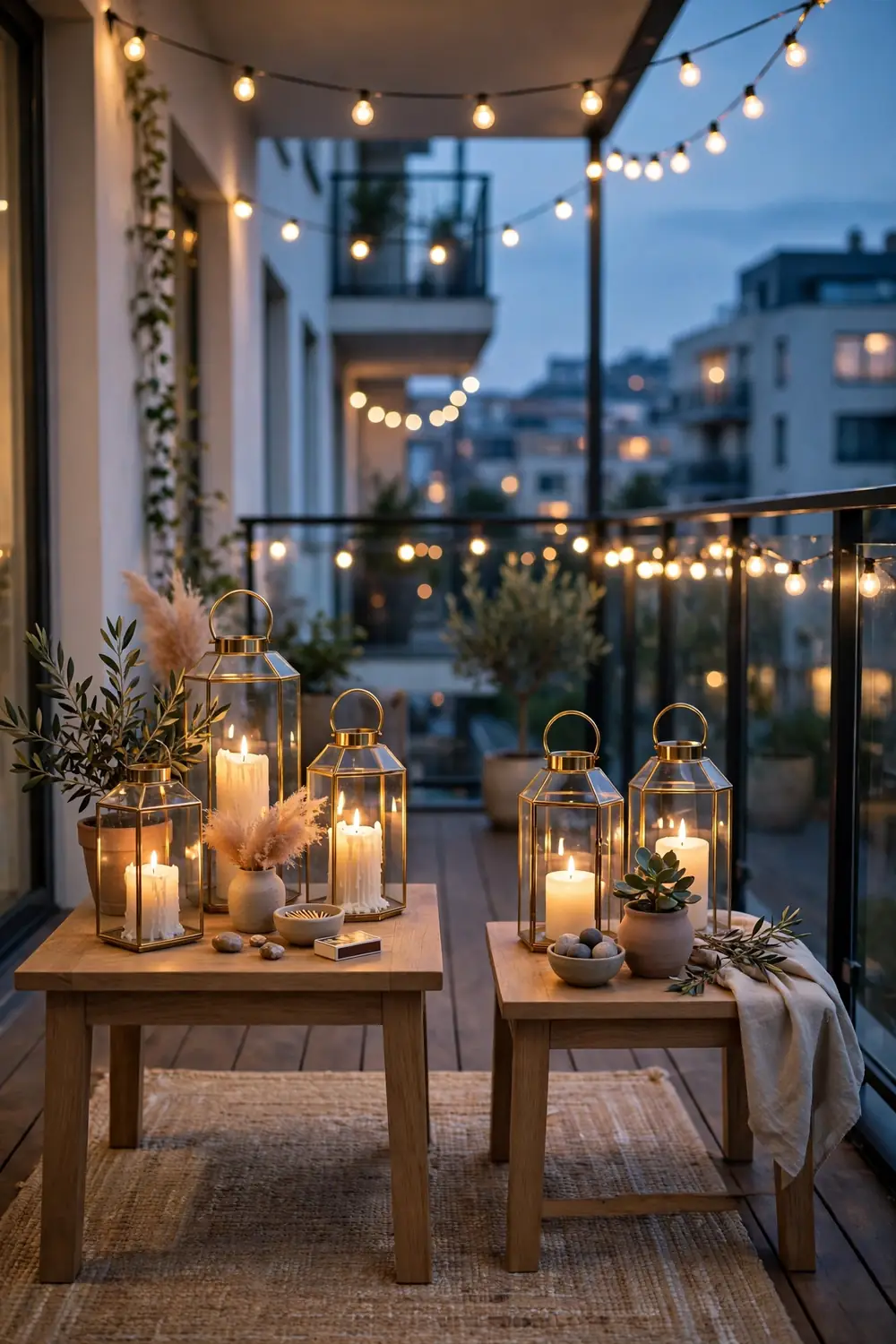 Glowing pillar candles inside glass lanterns on a balcony at dusk