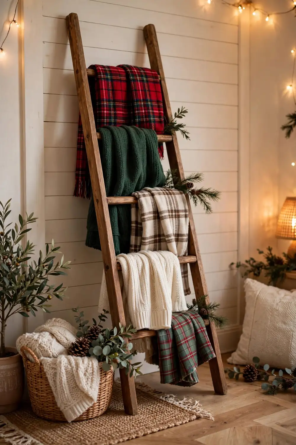 Wooden ladder draped with plaid Christmas throws