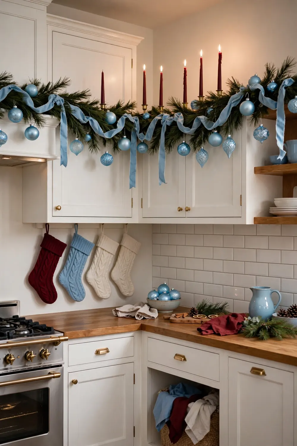 Kitchen decorated in burgundy and sky blue Christmas decor with stockings and garland, a 2026 christmas kitchen decor idea