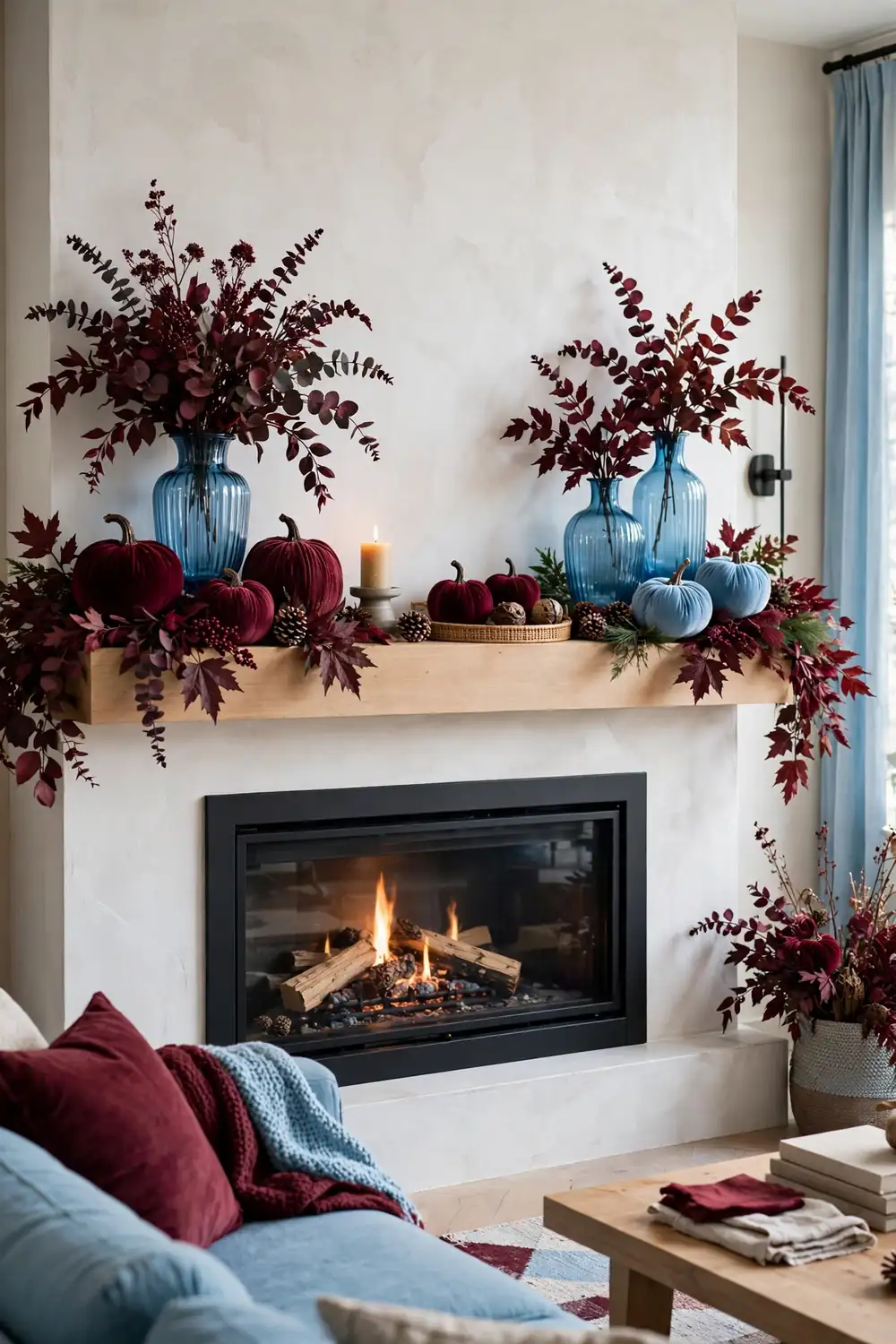 Thanksgiving mantel decor ideas in burgundy and sky blue with velvet pumpkins and blue glass vases