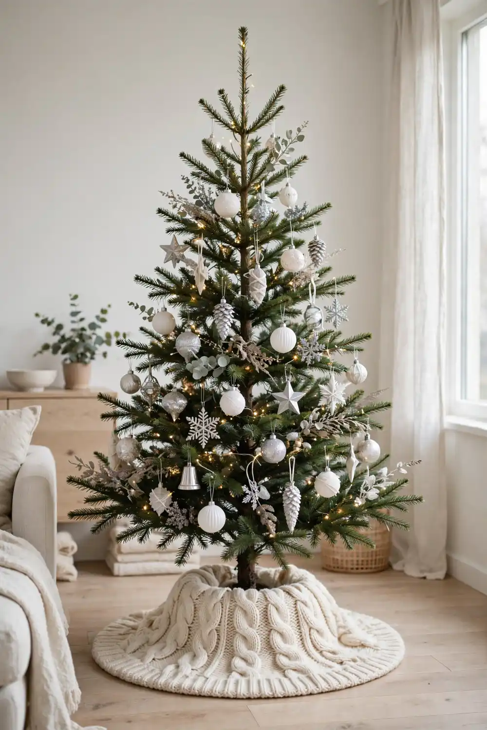 Cable knit Christmas tree skirt idea Chunky cream cable knit Christmas tree skirt with thick twisted knit texture