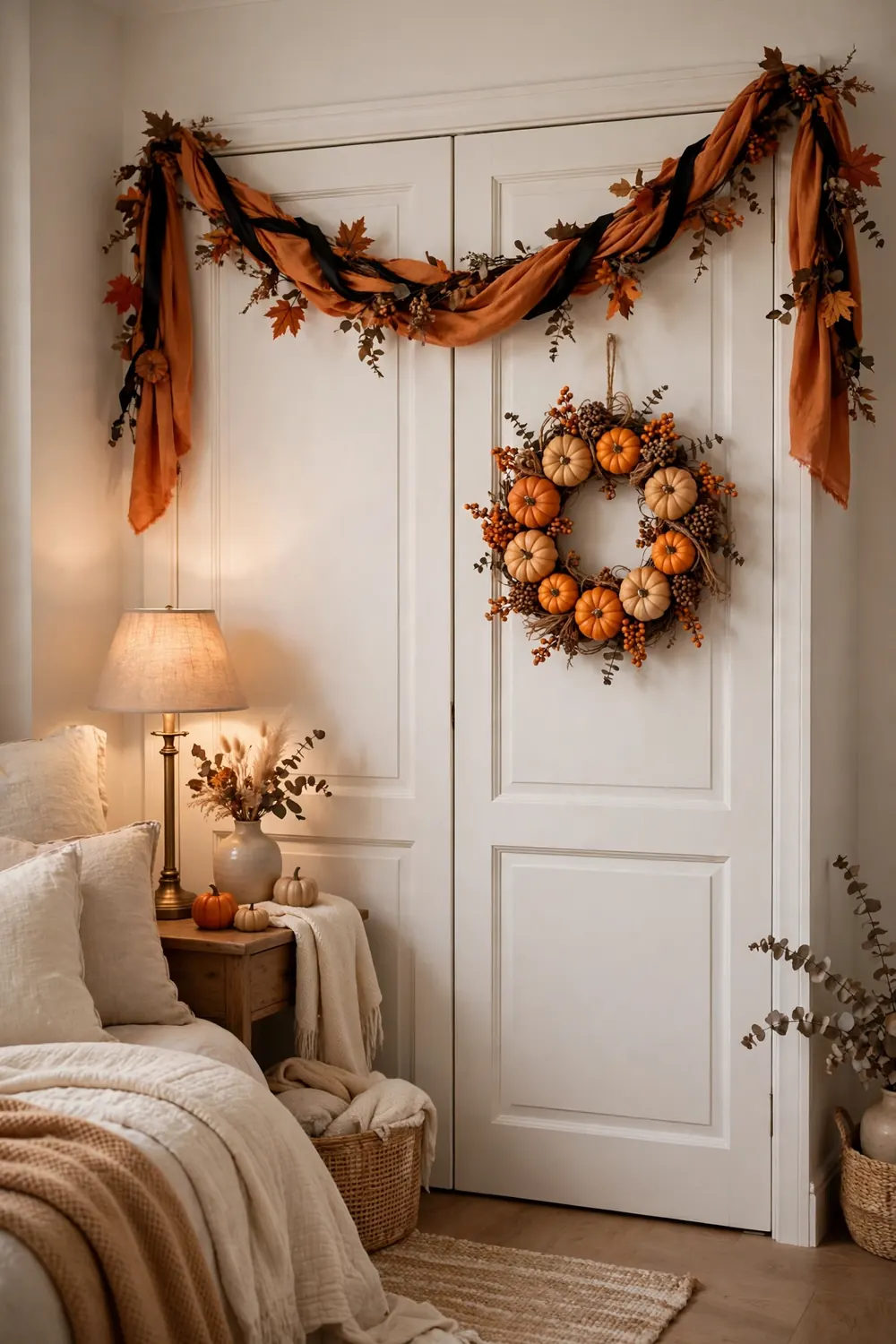 Halloween wreath and garland on bedroom closet doors Closet doors dressed with a pumpkin wreath and garland, a simple halloween bedroom decor idea
