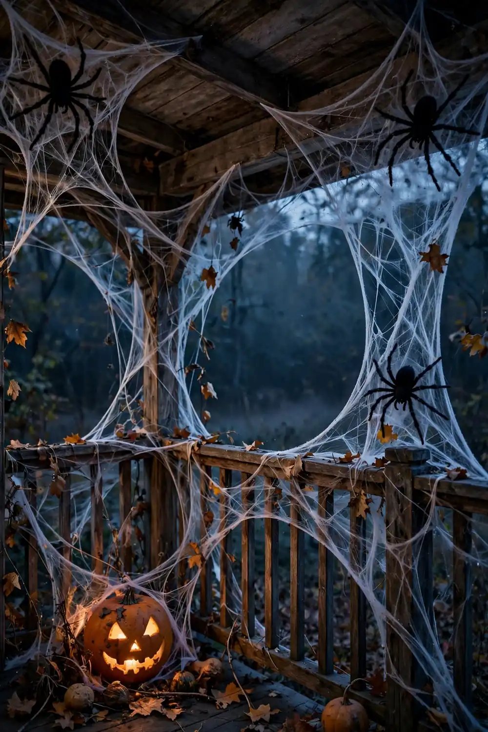 Cobwebs and Spiders in Porch Corners Halloween porch decor with stretchy cobwebs and large black spiders across porch corners