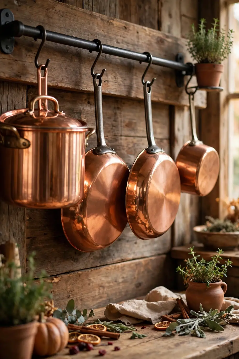Copper cookware display in a Thanksgiving kitchen Thanksgiving kitchen decor ideas with copper pots and pans hanging on a kitchen wall rail