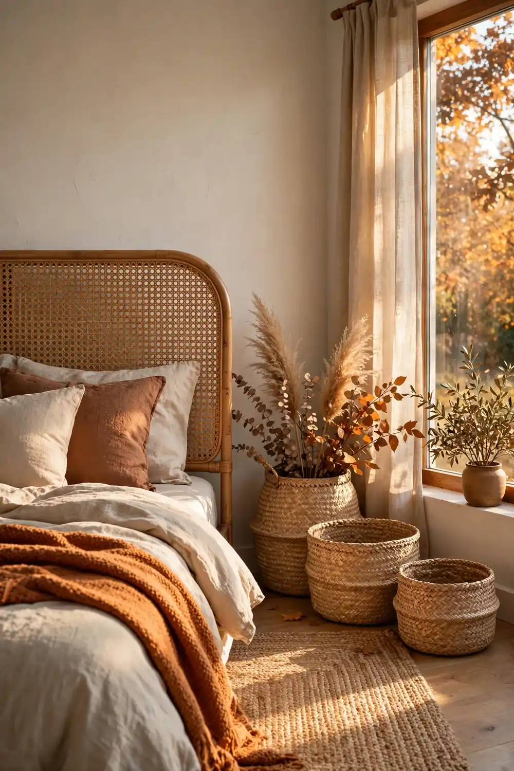 Rattan and Woven Textures in the Bedroom Fall bedroom decor with rattan headboard, woven baskets and jute rug in golden sunlight