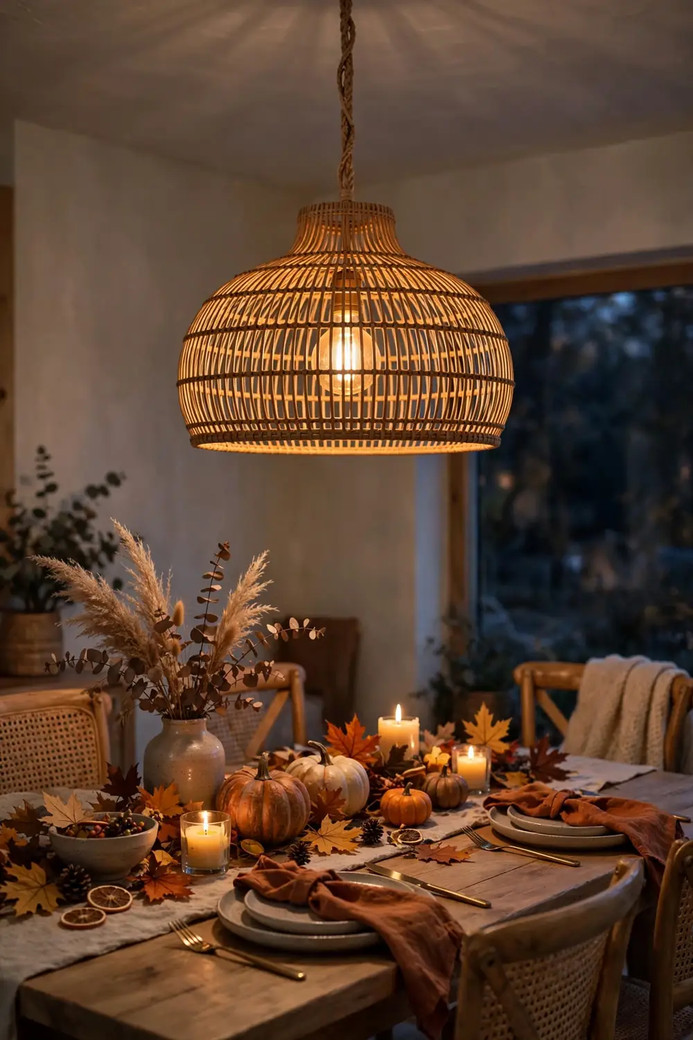 Warm Rattan Pendant Light Cozy fall dining room with a warm glowing rattan pendant light over the dining table