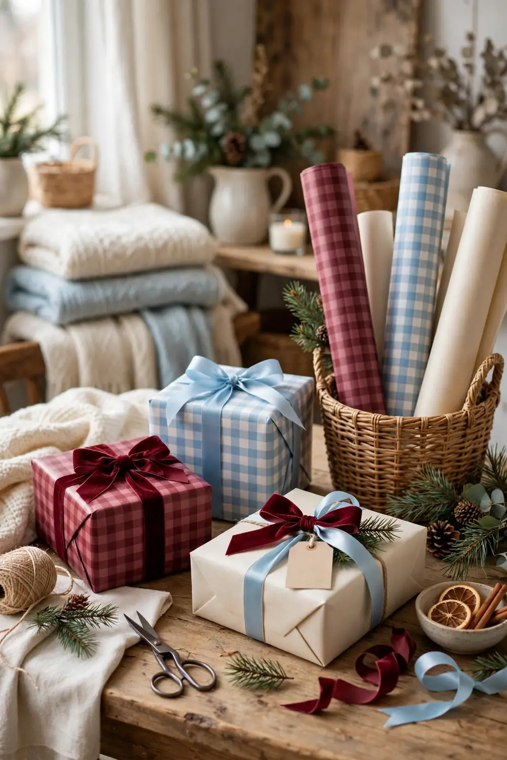 Burgundy and sky blue gingham Christmas wrapping station Gift wrapping station with burgundy and sky blue gingham check wrapping paper