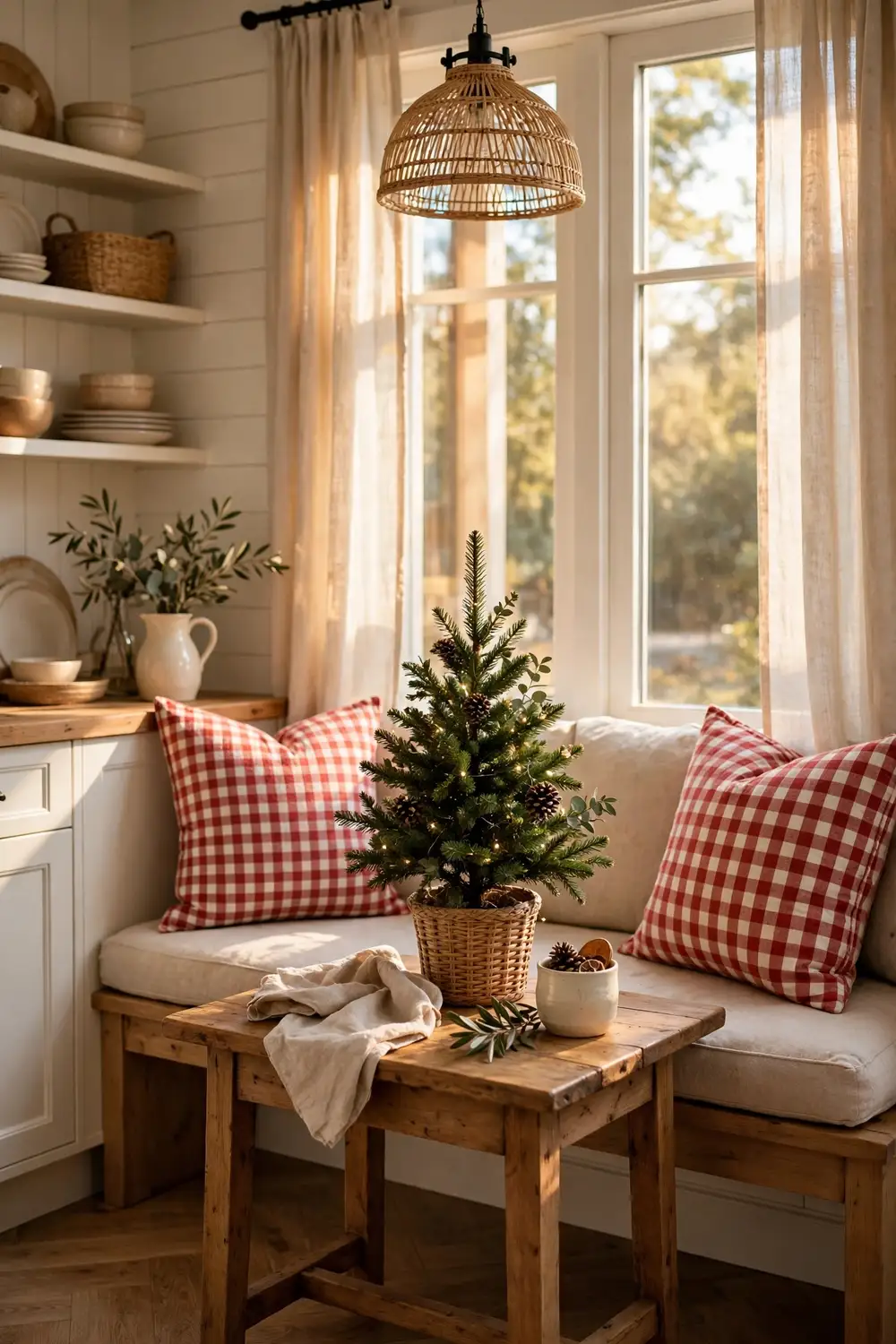 Gingham throw pillows on a breakfast nook bench with gingham Christmas decor