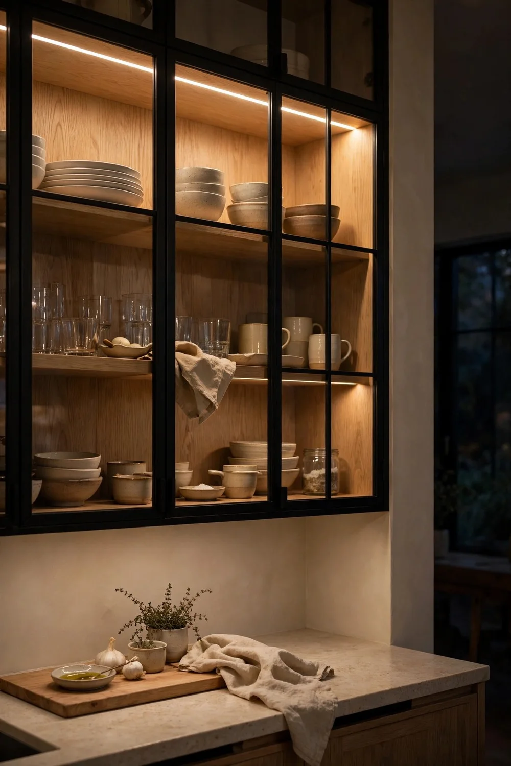 White oak and black kitchen with black framed glass cabinets and oak interior