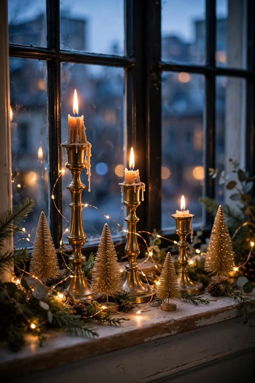 Gold Christmas Window Sill Vignette Christmas window sill styled with gold candlesticks, small bottle brush trees and string lights