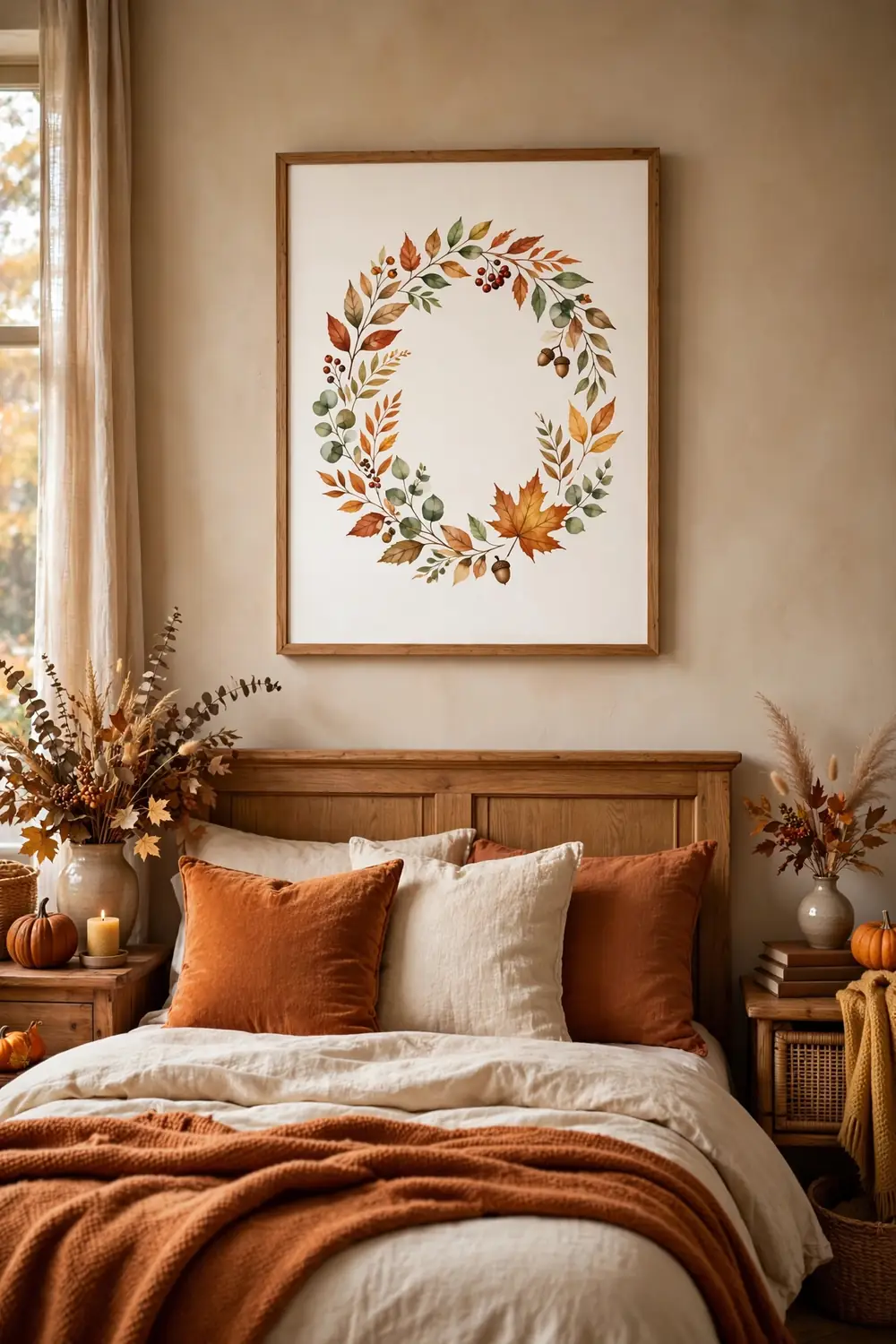 Thanksgiving guest bedroom decor ideas with a framed gratitude print above the bed