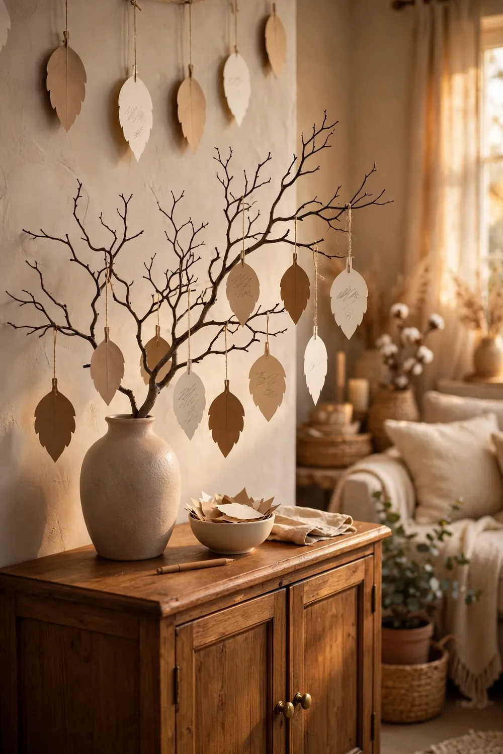 Gratitude Tree With Handwritten Leaves Gratitude tree with handwritten paper leaves in a living room, a meaningful thanksgiving living room decor idea