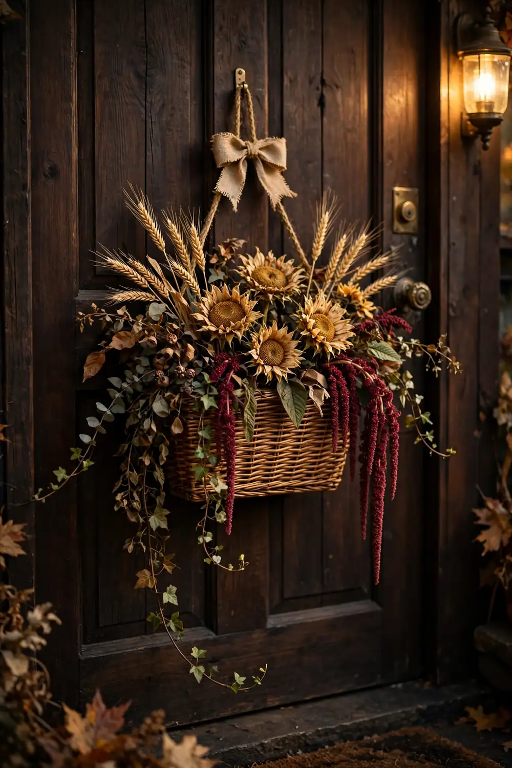 Harvest door basket with dried sunflowers, a charming thanksgiving porch decor idea