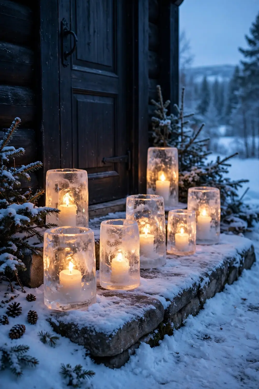 Ice lanterns glowing on a snowy doorstep Ice lanterns glowing with candles along a snowy doorstep at dusk