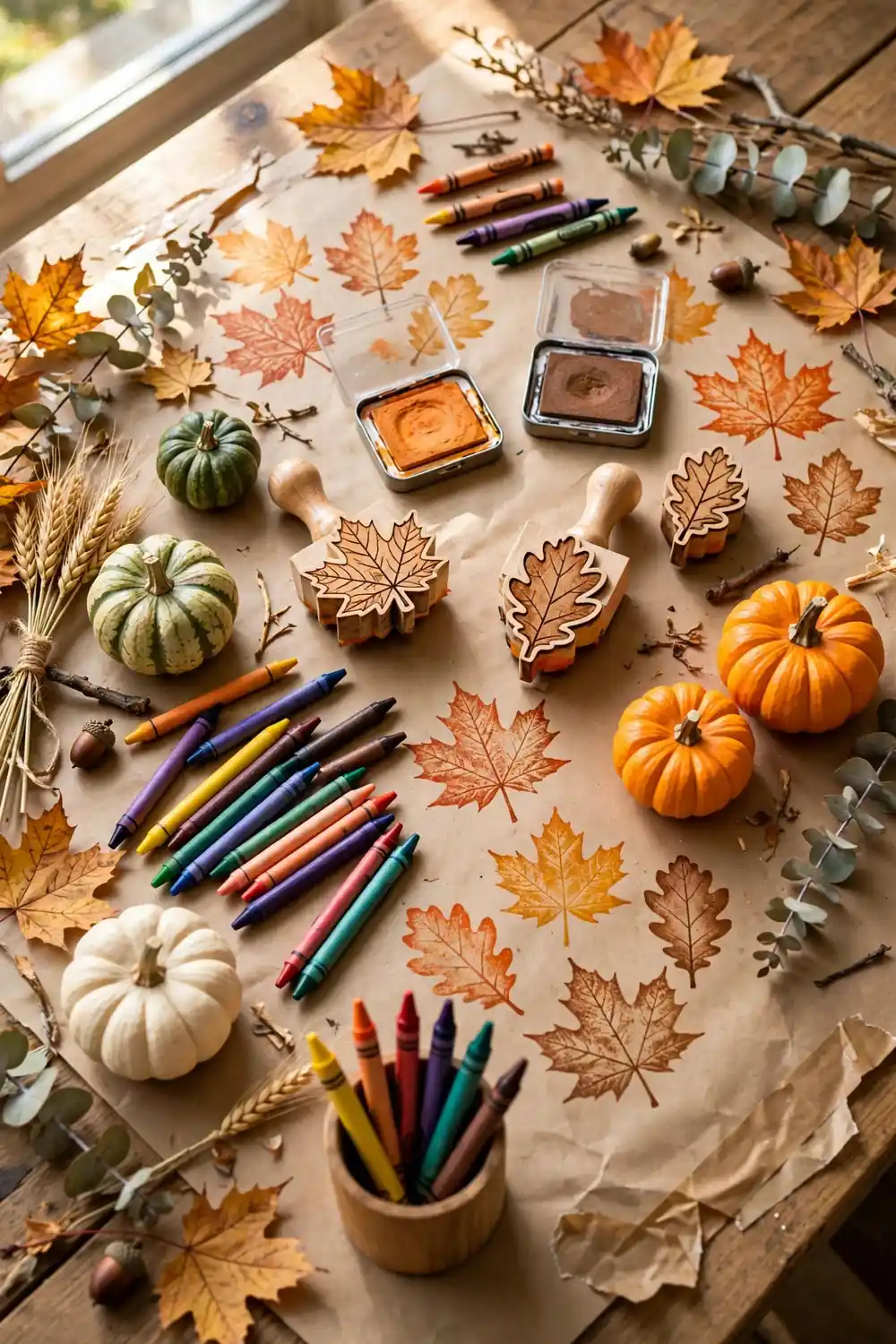 Kids Thanksgiving craft table with kraft paper and crayons