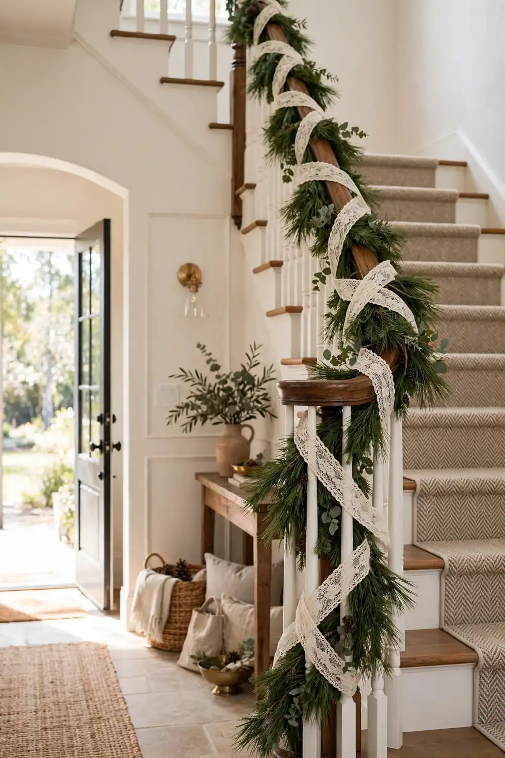 Staircase banister garland woven with ivory lace ribbon