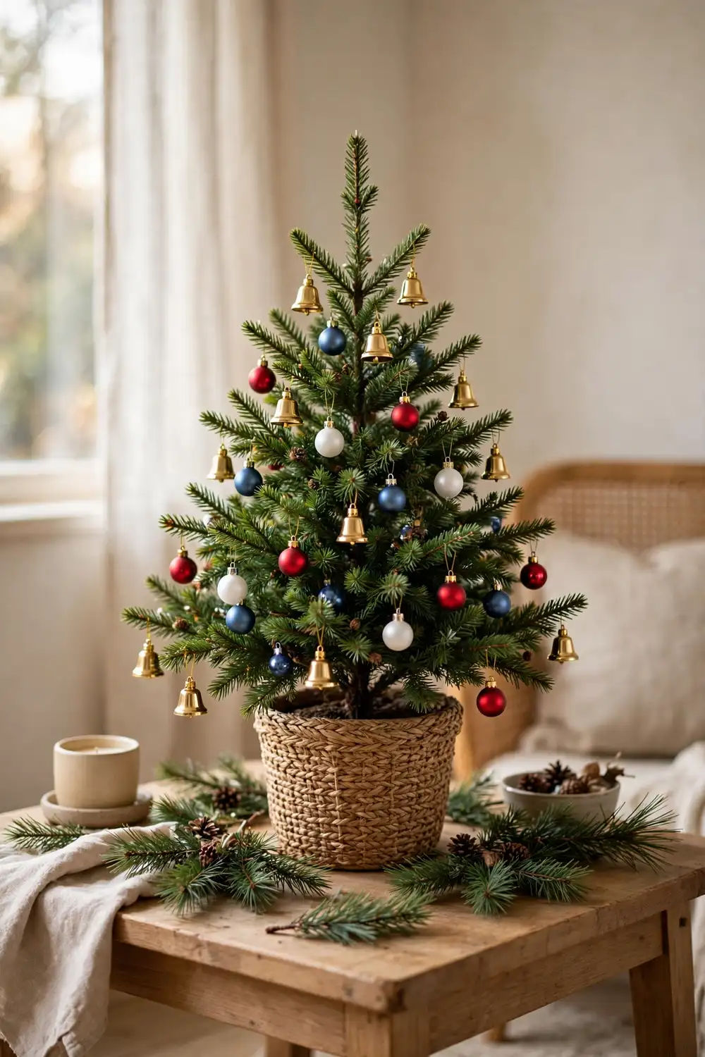 Liberty Bell Ornament Collection Liberty bell ornaments on a mini tree in Americana Christmas decor style