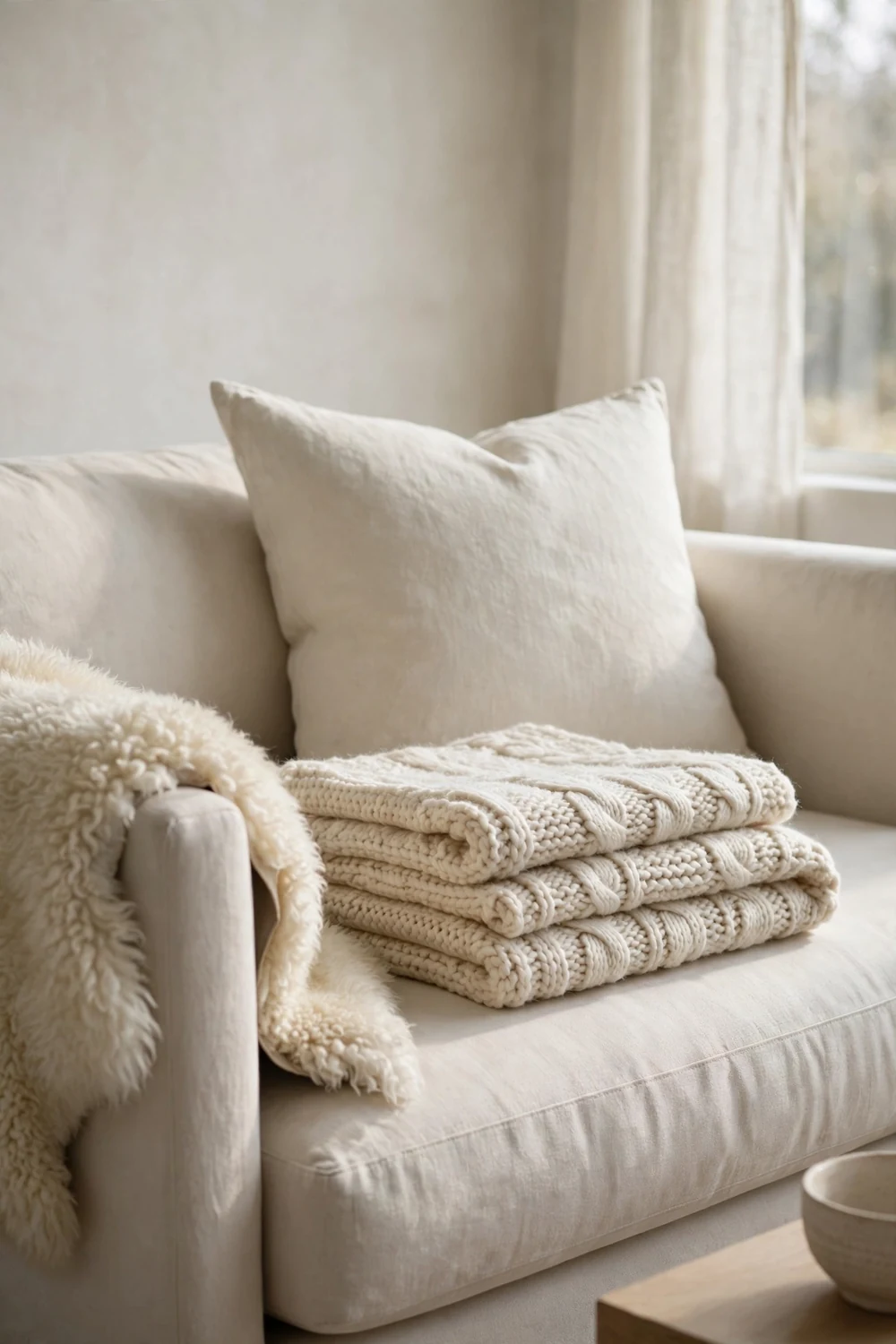 Minimalist Christmas decor ideas: a sofa styled with cream linen and wool throws and cushions in soft natural textures