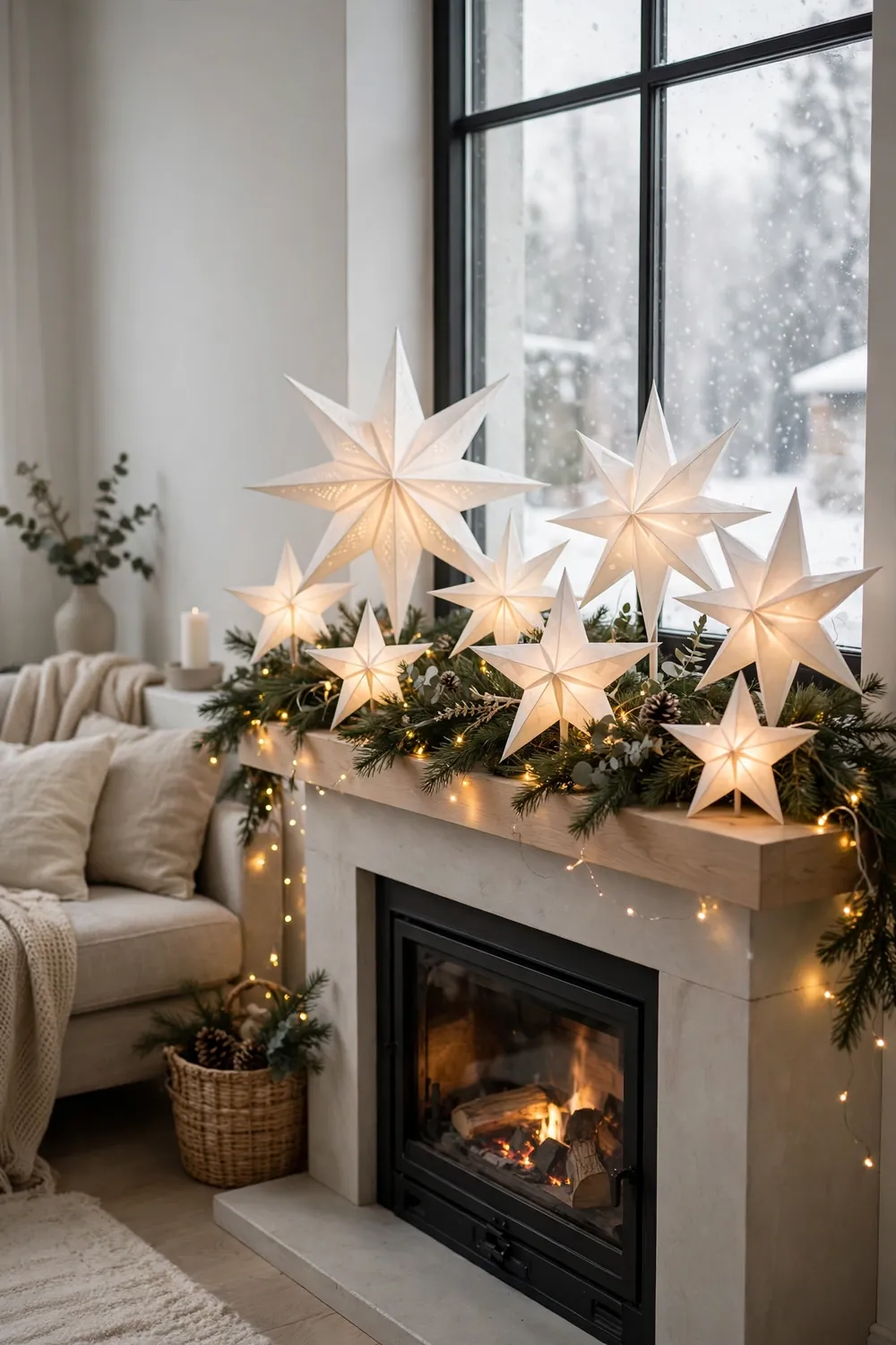 Christmas mantel decor idea with lit paper stars Lit paper stars with string lights, a glowing christmas mantel decor idea with star motifs