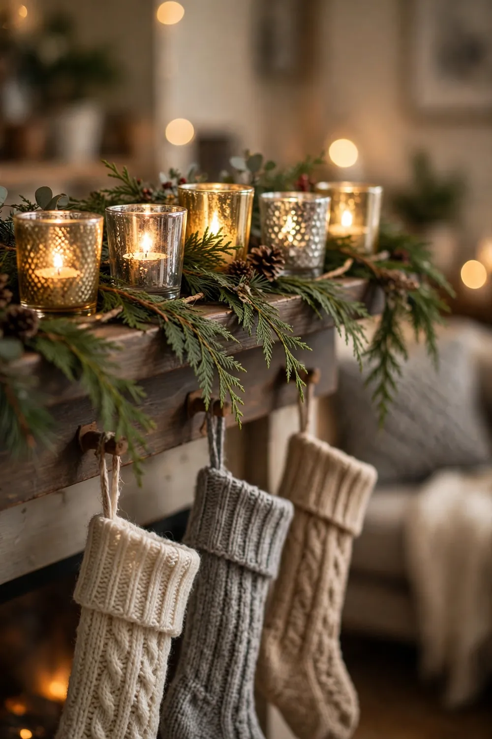 Mercury glass votives glowing on a Christmas mantel, a sparkling christmas candle decor idea