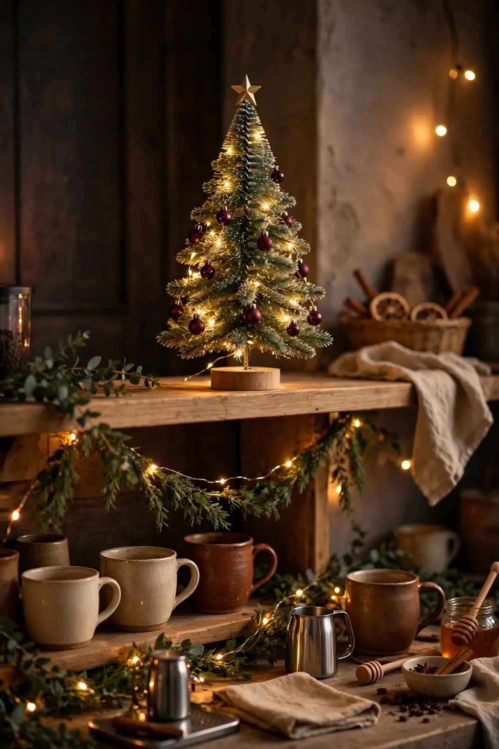 Mini Christmas Tree Coffee Bar Topper Mini christmas tree with tiny baubles on a coffee bar, magical christmas coffee bar decor ideas