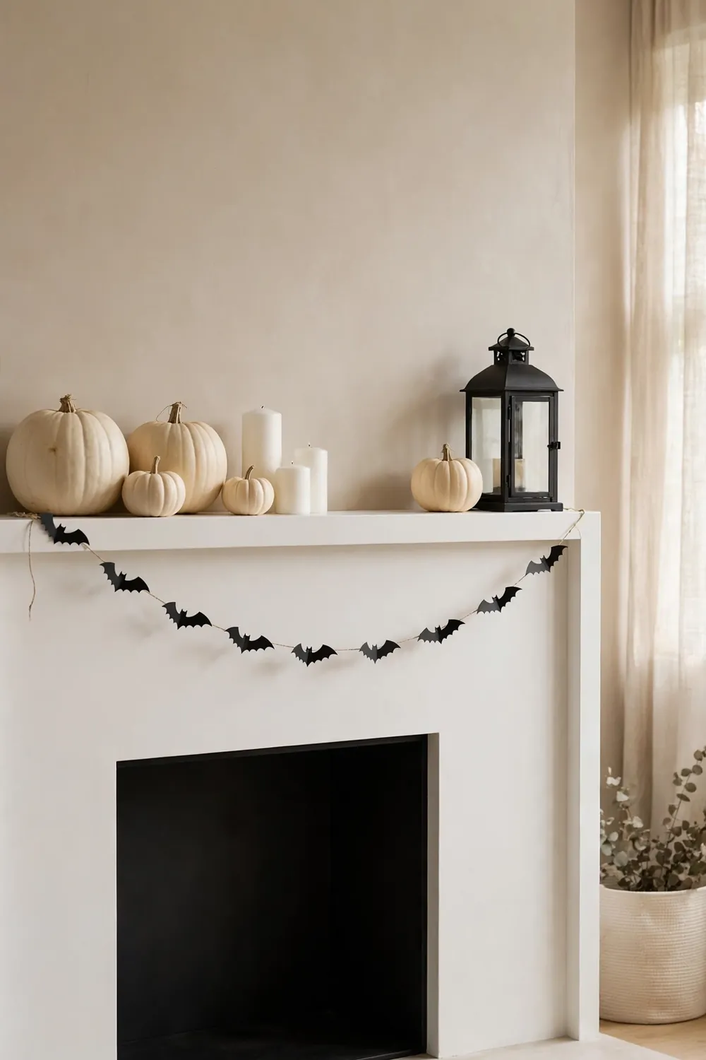 Halloween mantel decor ideas: minimal neutral mantel with cream pumpkins, white candles and paper bat garland