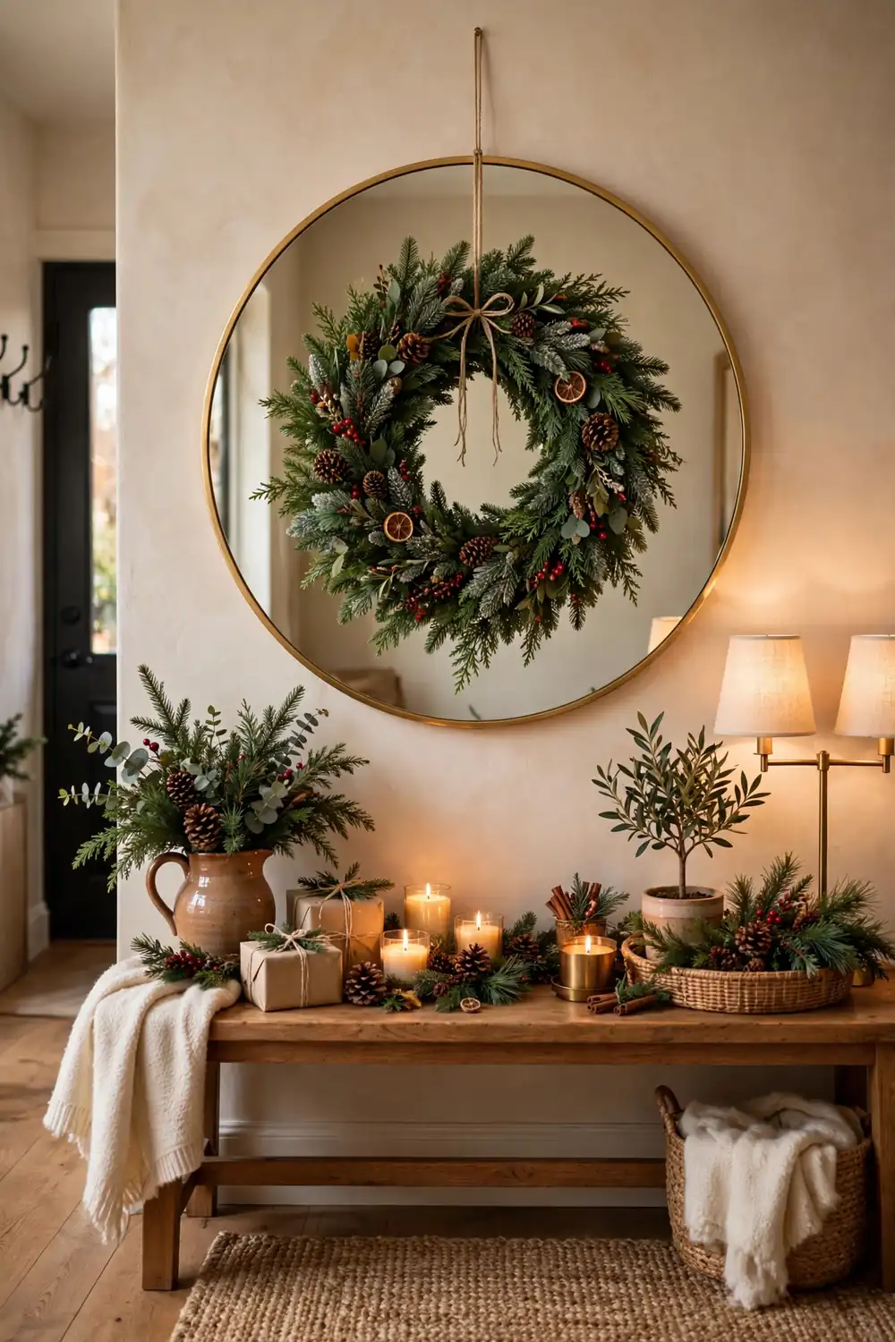 Round mirror with a lush wreath hung at its center Round entryway mirror with a lush wreath hung at its center, striking christmas entryway decor ideas