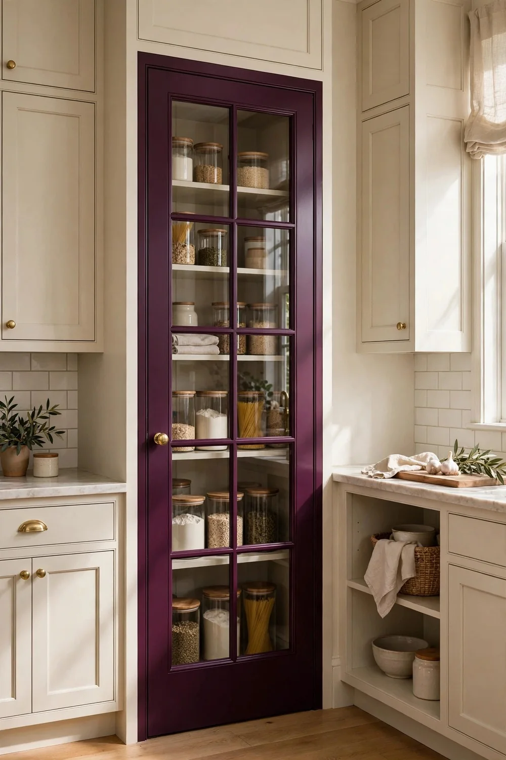 Aubergine glass front pantry door with brass knob