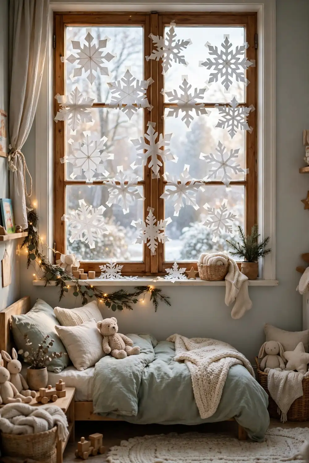 Paper Snowflake Window Display for a Kids Room Christmas kids room decor ideas with paper snowflakes displayed on a bedroom window