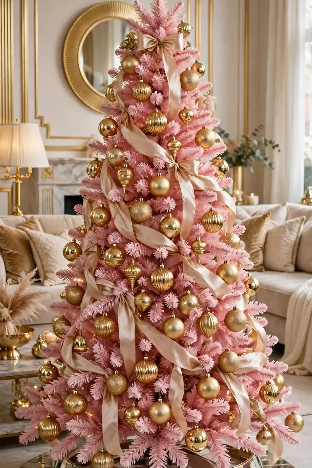 Glamorous living room christmas scene with pink and gold decorations, mirrored ornaments and candlelight