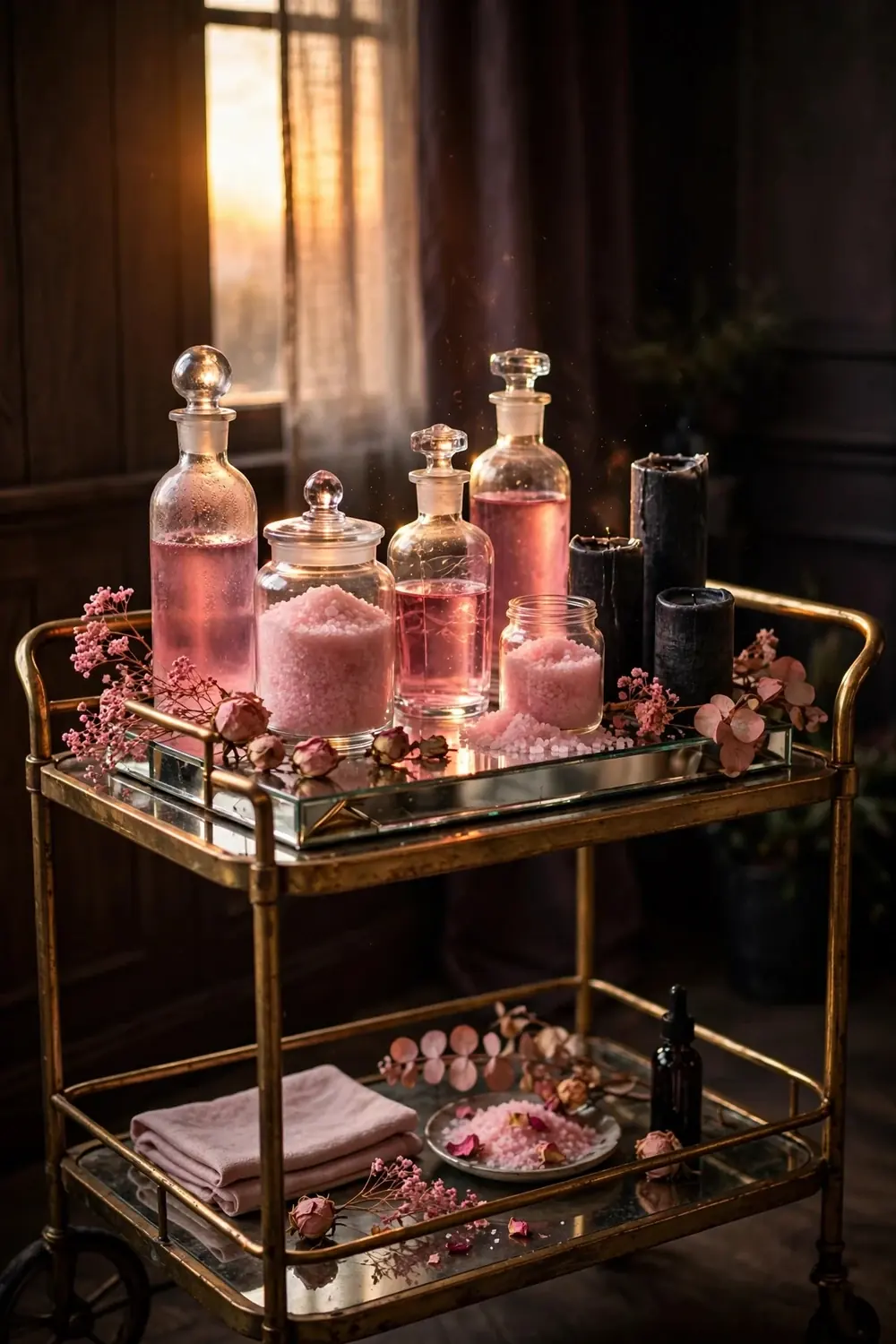 Pink potion bottles apothecary display for Halloween bar cart