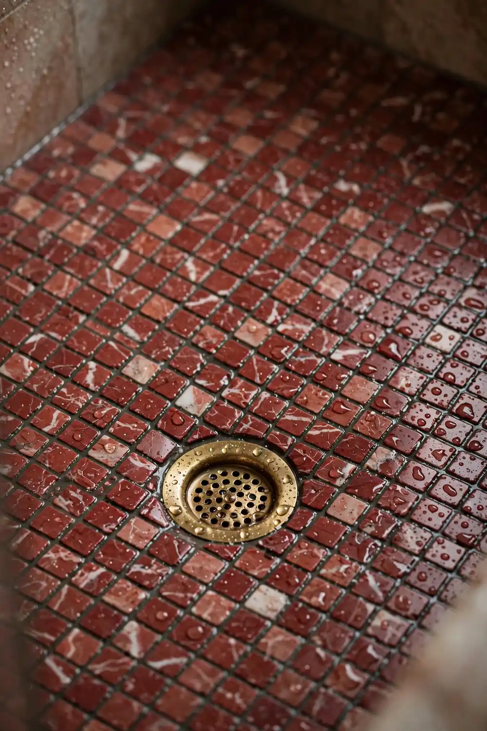 Red-Veined Marble Shower Floor Mosaic Shower floor mosaic of small red marble bathroom tiles with white veining