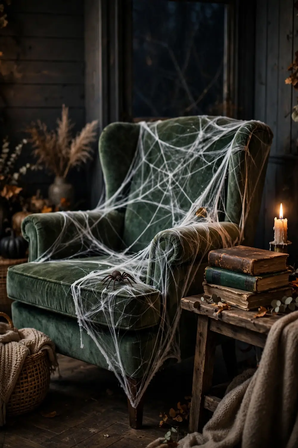 Spider Web Over a Reading Corner Spider web draped reading corner halloween living room decor ideas with an armchair, books and candle