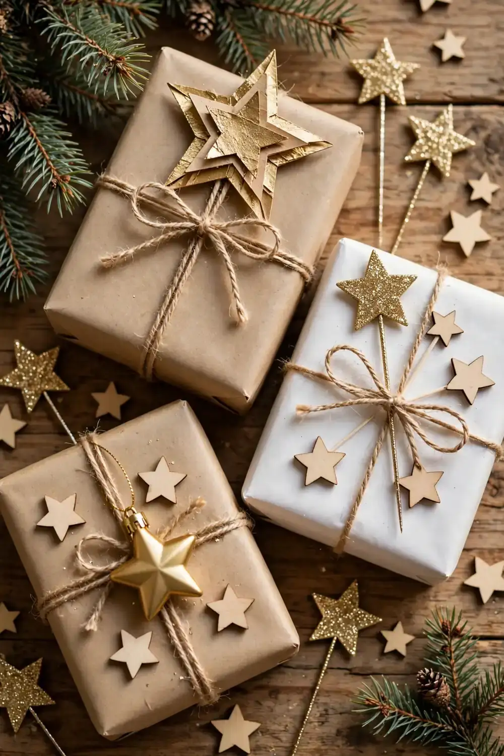 Wrapped gifts topped with gold star picks and bows, a magical christmas wrapping station idea