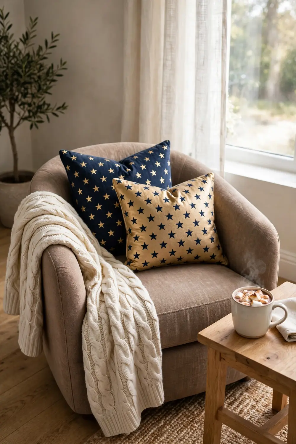 Star Print Pillows and Knit Throw Armchair styled with star-pattern throw pillows and a cream knit throw blanket — star motif Christmas decor textiles