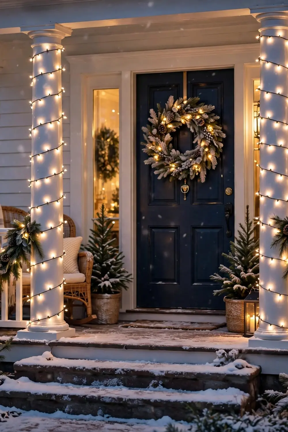 Warm white string lights wrapped around porch columns Porch columns wrapped in warm white string lights, a glowing christmas porch decor idea for evening curb appeal