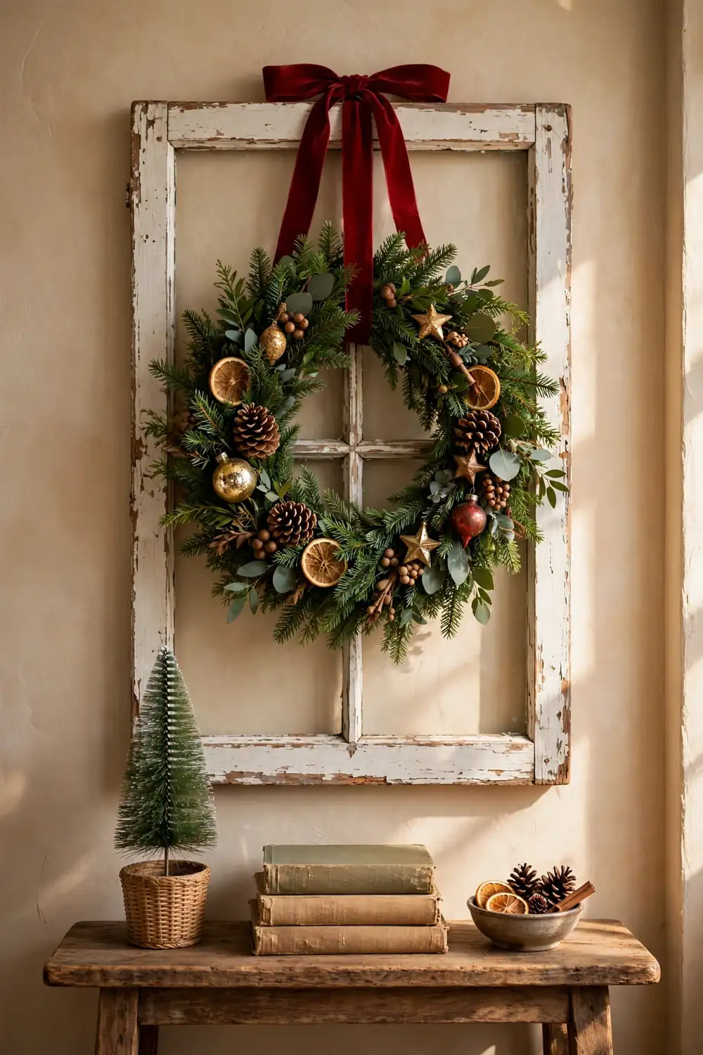 Old window frame with a wreath centerpiece Antique window frame hung on a wall with an evergreen Christmas wreath centered on it, a creative vintage christmas decor idea