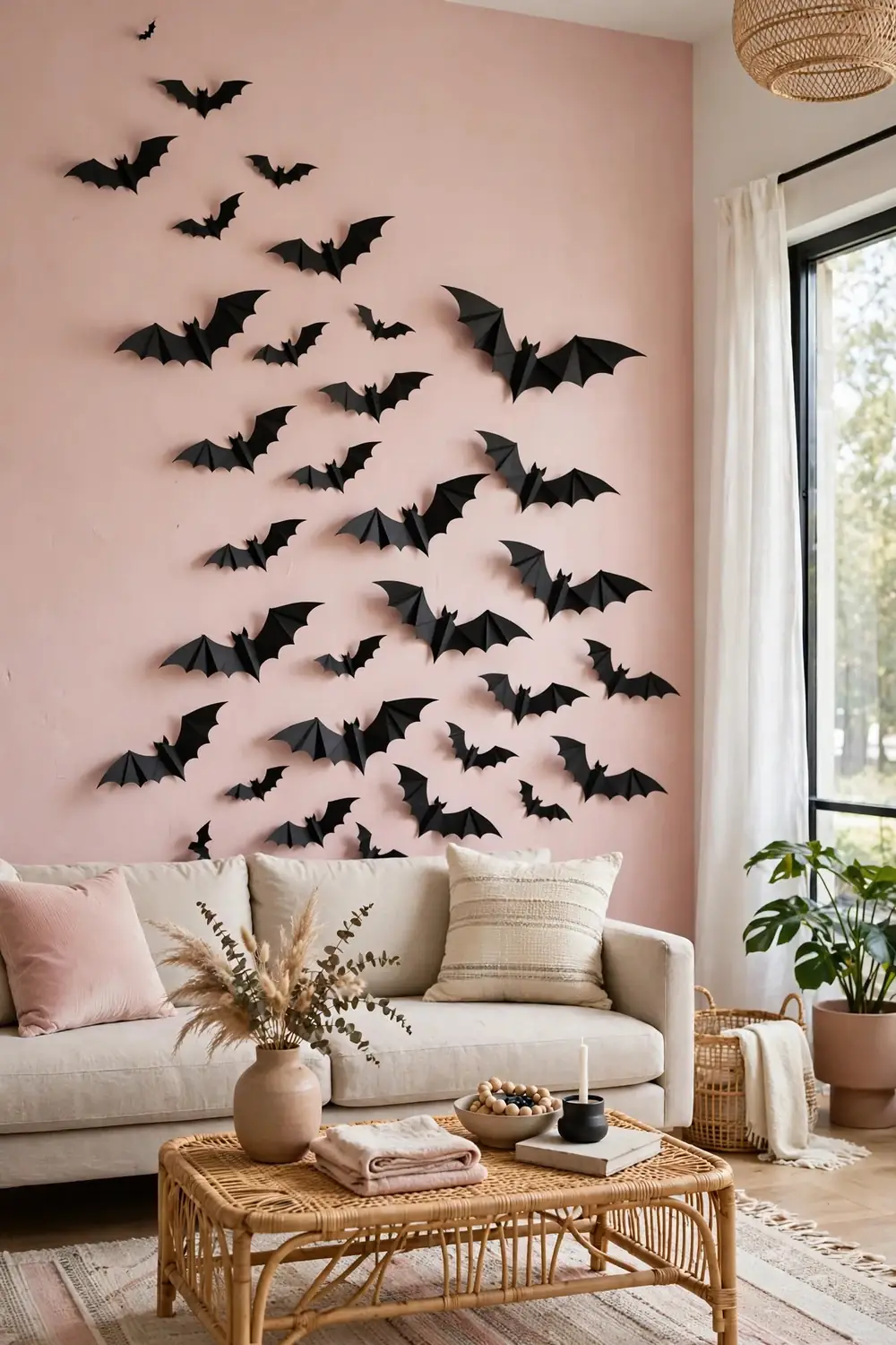 Black paper bats on blush pink wall for Halloween decor