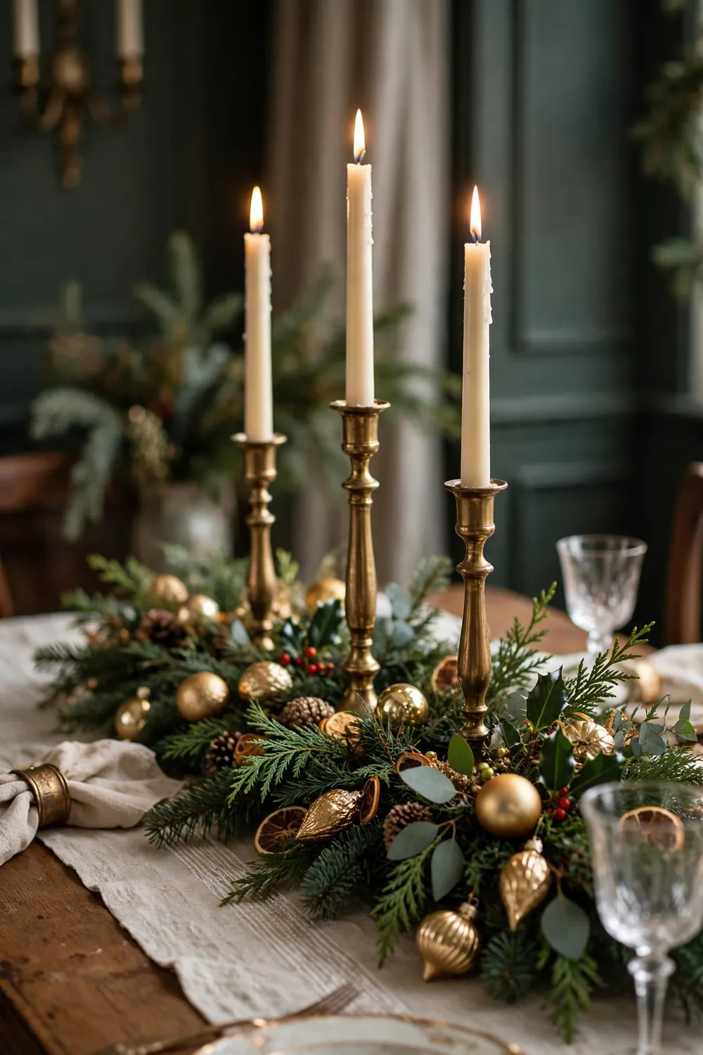 Vintage Brass Candlestick Christmas Centerpiece Vintage brass candlestick centerpiece, an elegant christmas centerpiece idea with taper candles