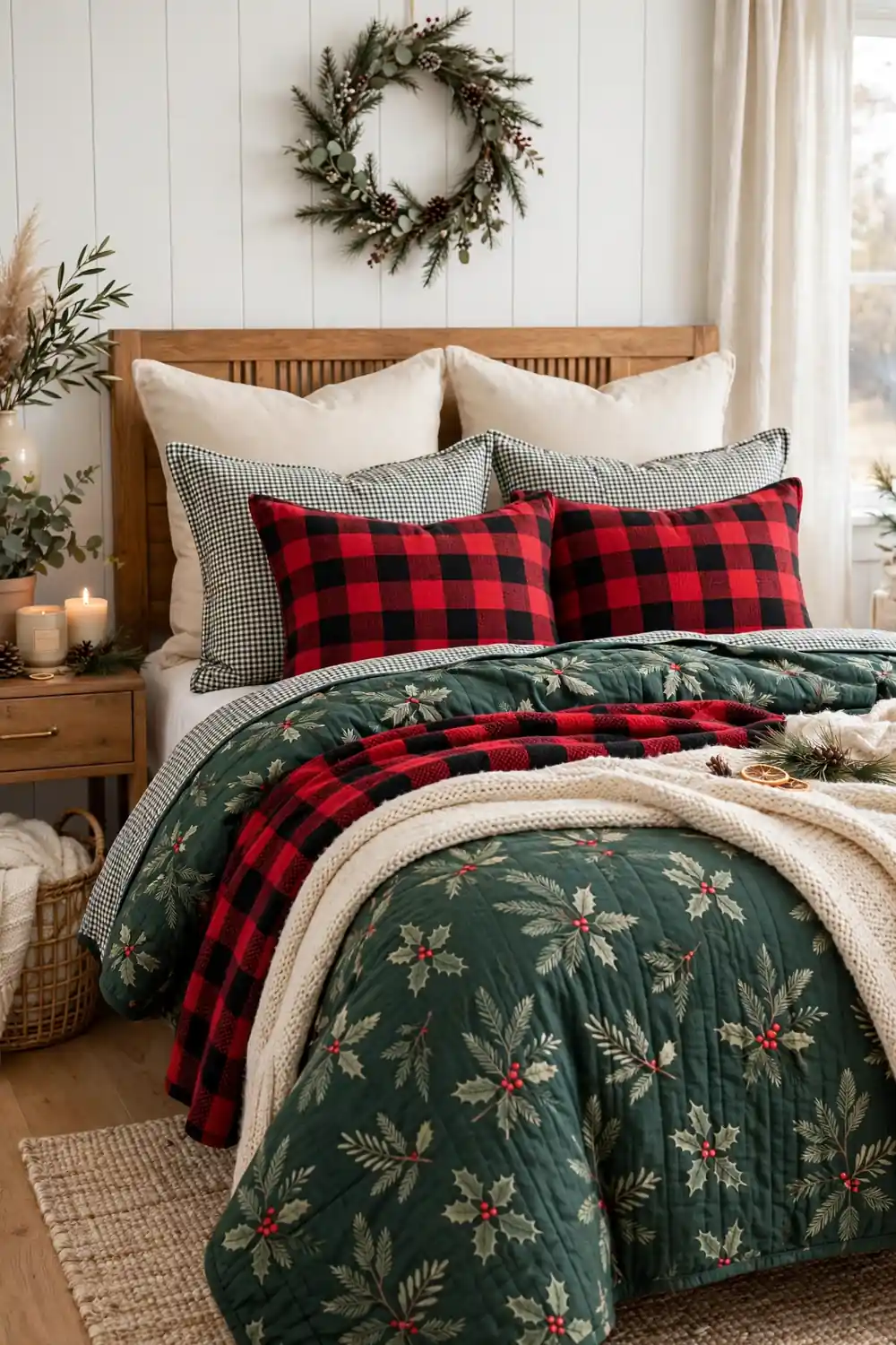 Buffalo check and gingham throw pillows layered on Christmas bedding, a playful christmas bedroom decor idea